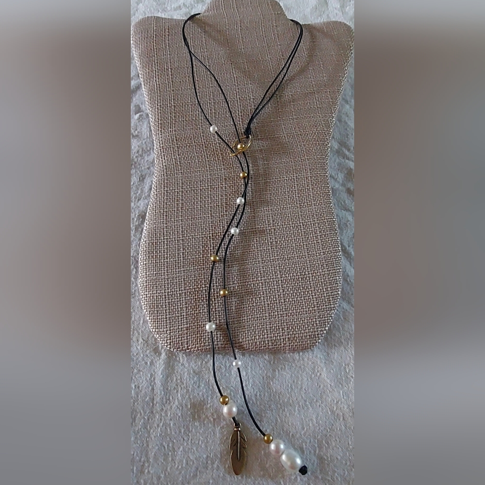 Handmade White & Gold Pearl & Feather Charm And Black Leather Boho Necklace